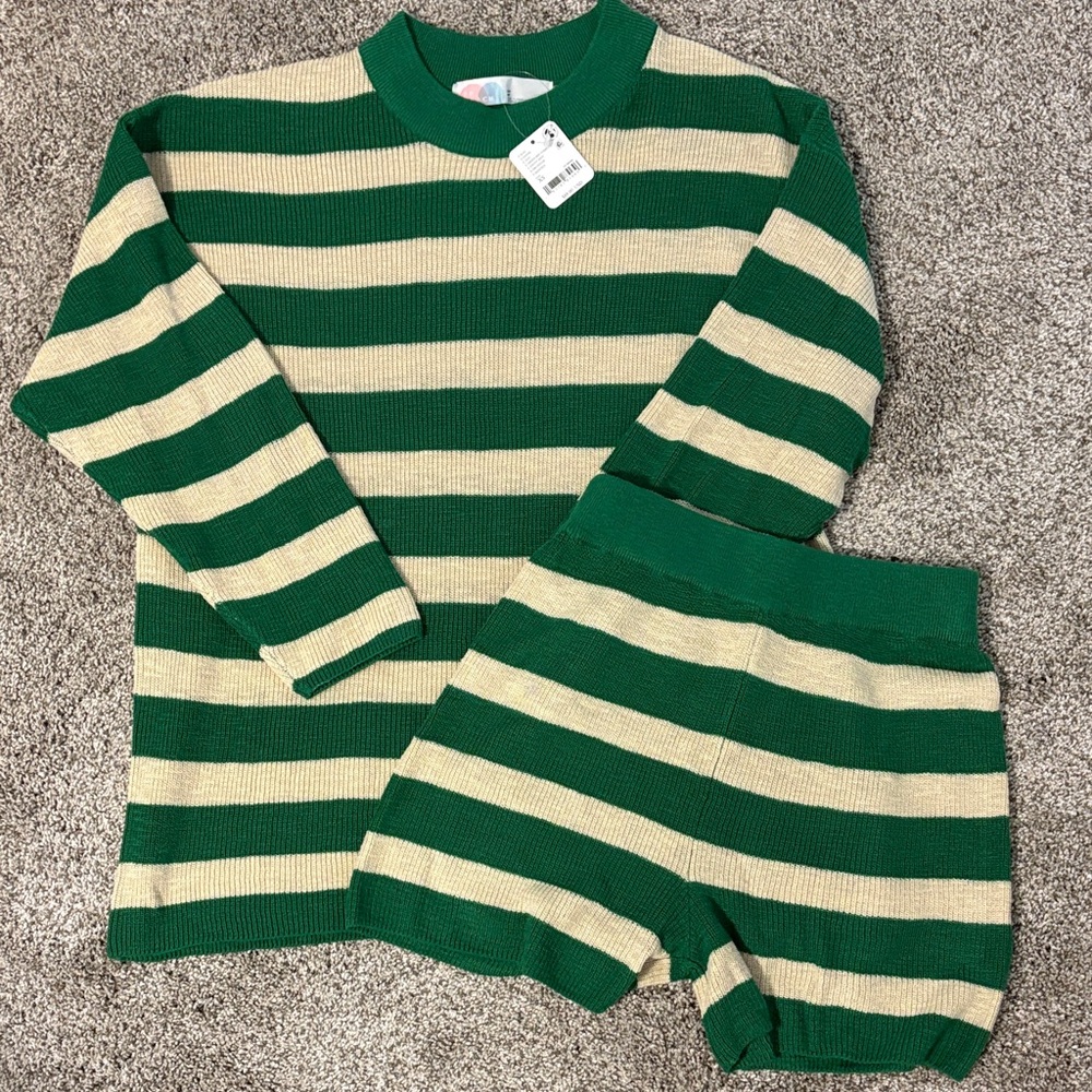 Free People Green and Cream Striped Sweater and Shorts Set